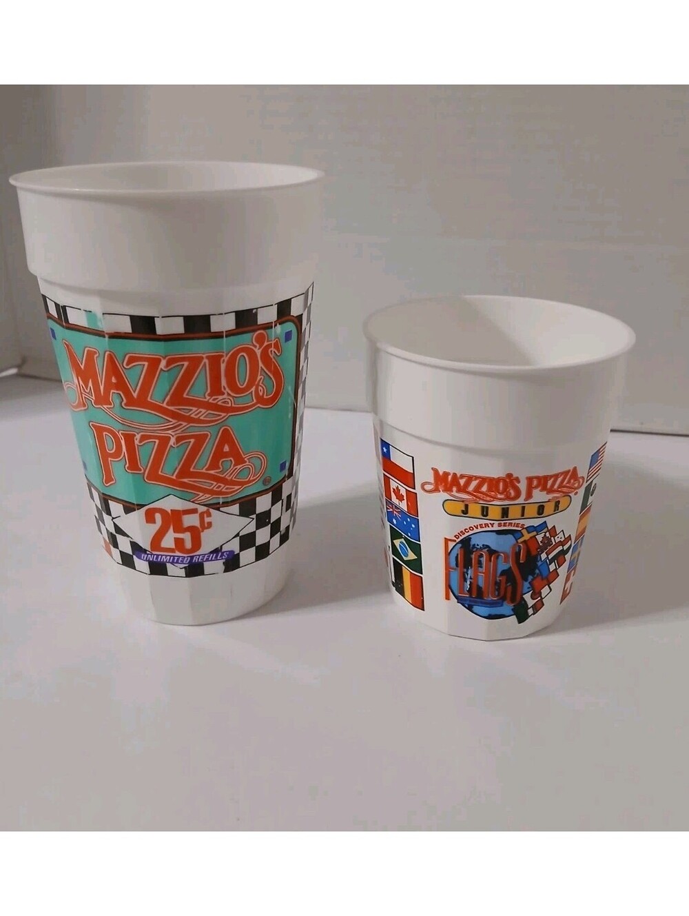 Lot of 2 Vtg Mazzio's Pizza Cups One Adult One Junior Restaurant Memorabilia